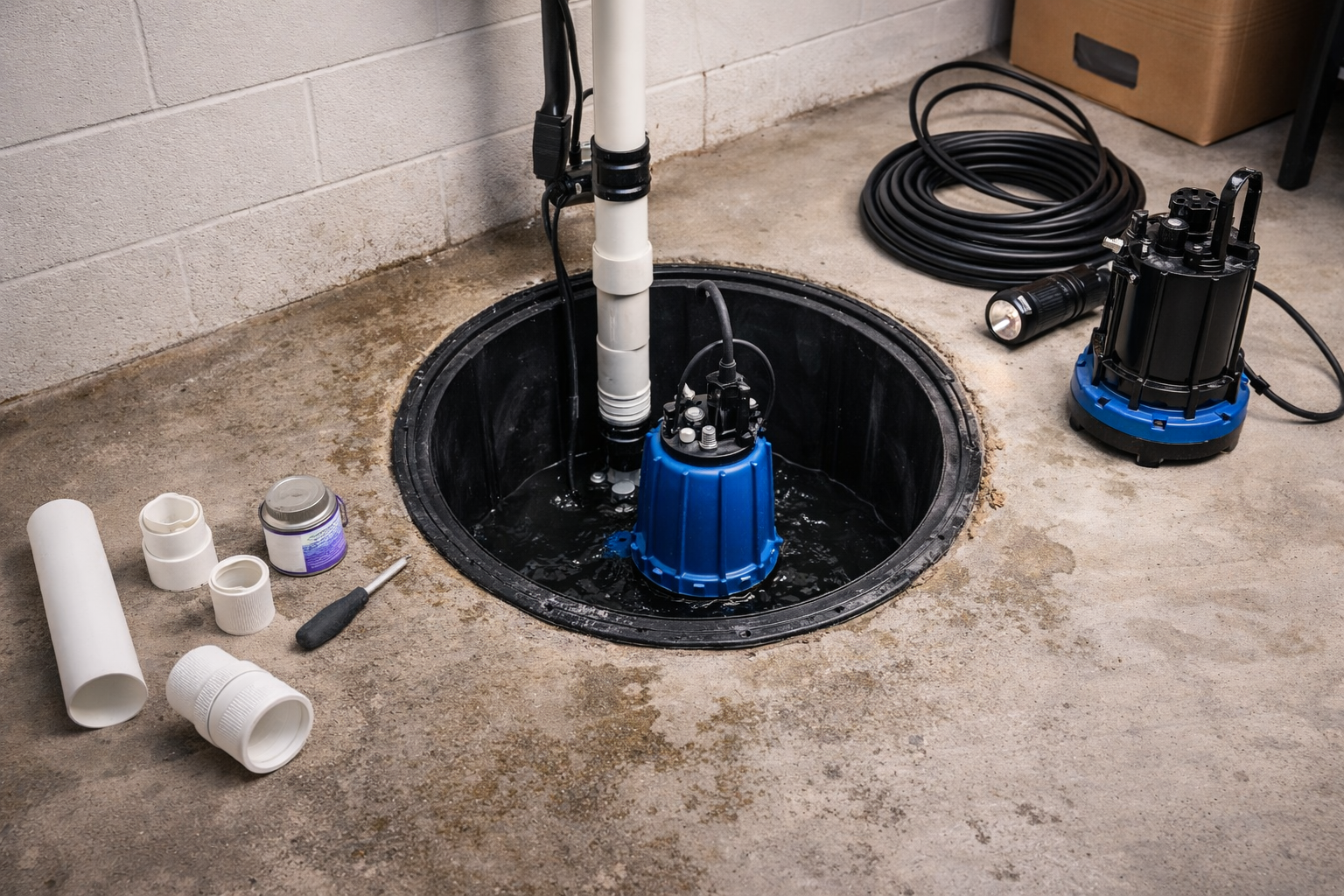 Sump pump installation and repair to prevent basement flooding